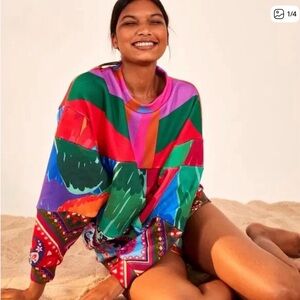 FARM Rio Mixed Red Print Oversized Multi Color Boho Cozy Sweatshirt Small Rare!